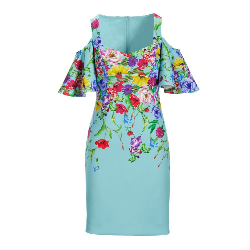 Boston Proper Garden Row Cold Shoulder Scuba Dress Sz 10 Blue Floral Sheath Mini